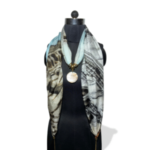 Monodrift pure silk stole with white shell charm in black and grey print
