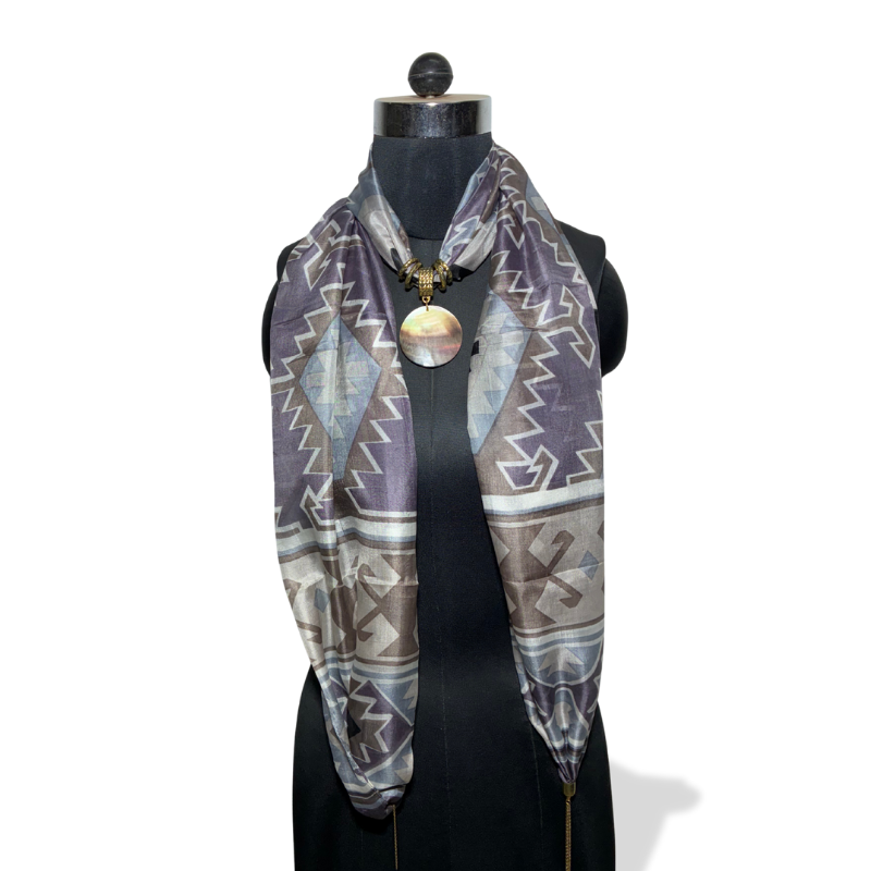 Duskmotif pure silk stole with white shell charm and tribal print