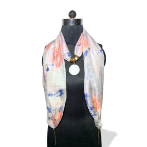 Aurumglow pure silk stole with white shell charm and golden floral print