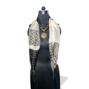 Pure silk printed stole in ivory and brown with map pendant