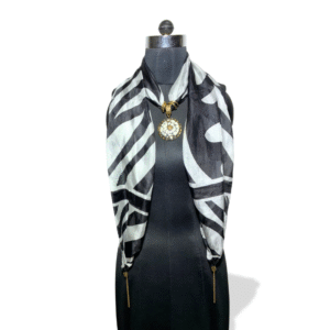 Black and white printed silk stole with round mosaic inlay pendant