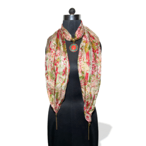 Printed red and green silk stole with circular red pendant