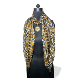 Mustard and black tribal print stole with mirror pendant