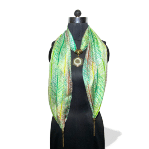 Green leaf print stole with handcrafted mirror pendant