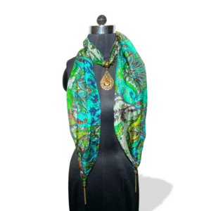 Teal green paisley print stole with gold teardrop pendant