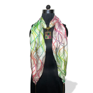 White silk stole with multicolor dotted wave pattern and square gemstone pendant
