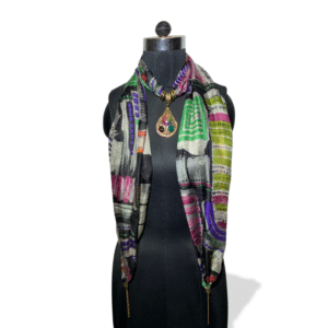 Multicolor brushstroke print stole with antique teardrop pendant and gemstone accents