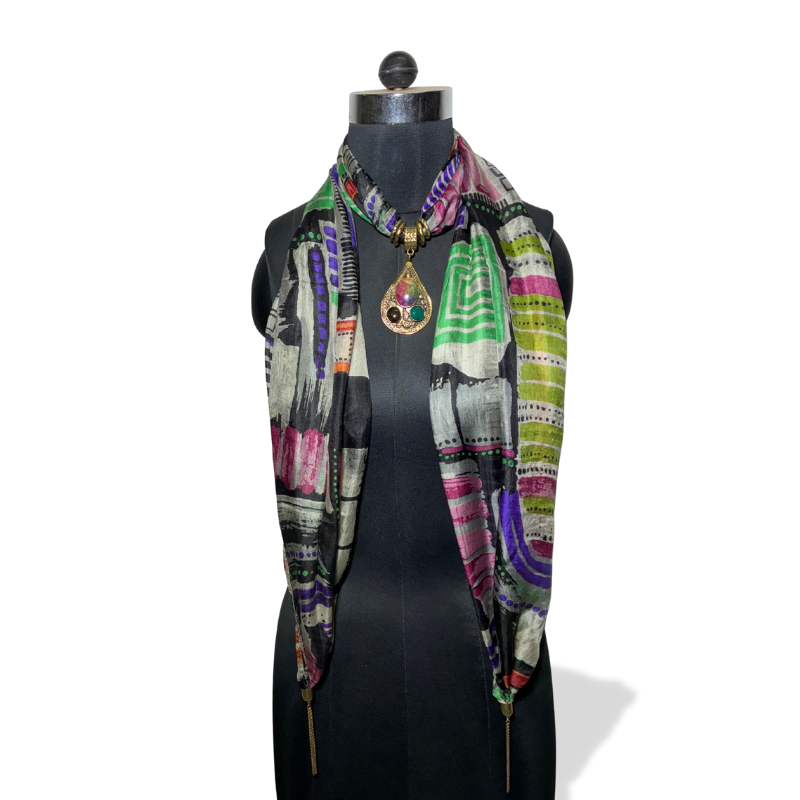 Multicolor brushstroke print stole with antique teardrop pendant and gemstone accents