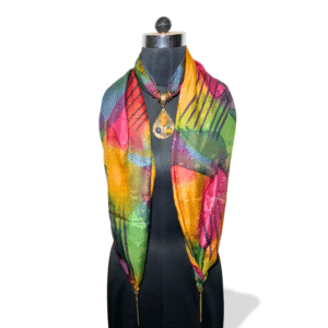 Multicolor rainbow stole with abstract print and stone teardrop pendant