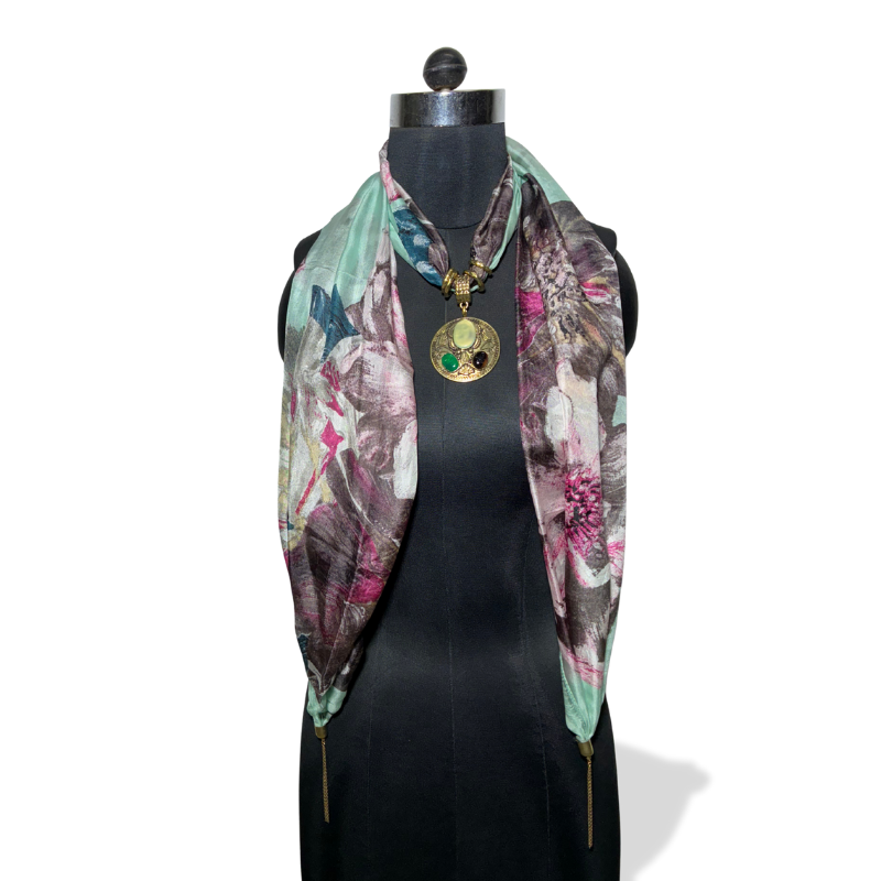 Silk stole with muted floral print and circular gem pendant