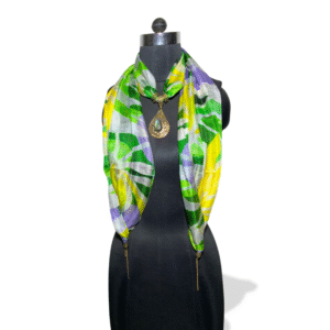 Green yellow and purple leafy silk stole with smoky grey pendant