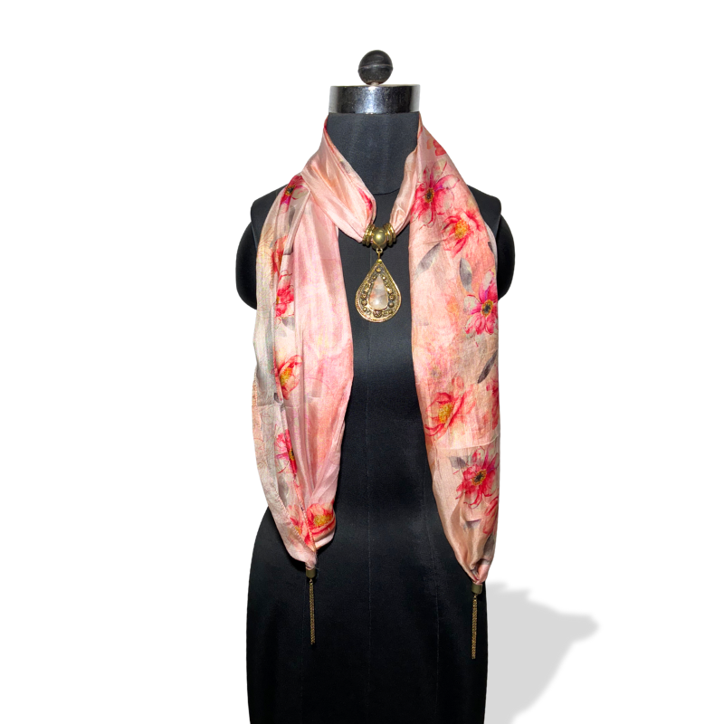 Pink floral silk stole with mother-of-pearl pendant