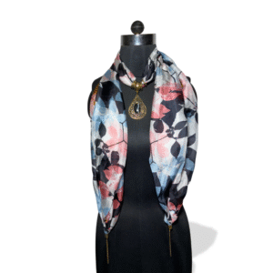 Shadow Petals, Multicolor Floral Silk Stole with Onyx Finish Pendant