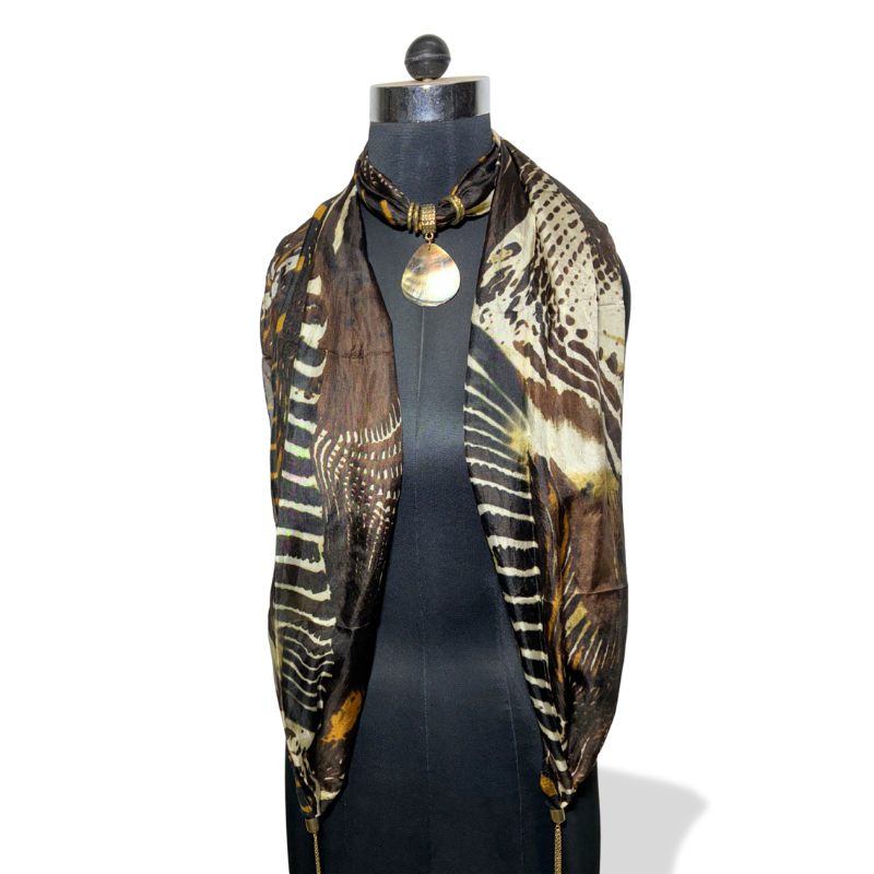 Earthy silk stole with round natural shell pendant