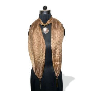 Mocha silk stole with circular shell pendant and geometric print