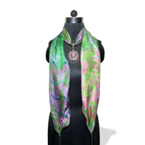 Multicolor silk stole with statement pink gemstone pendant