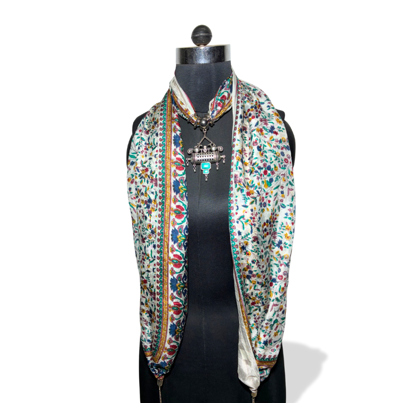 Ivory floral silk stole with oxidised tribal pendant