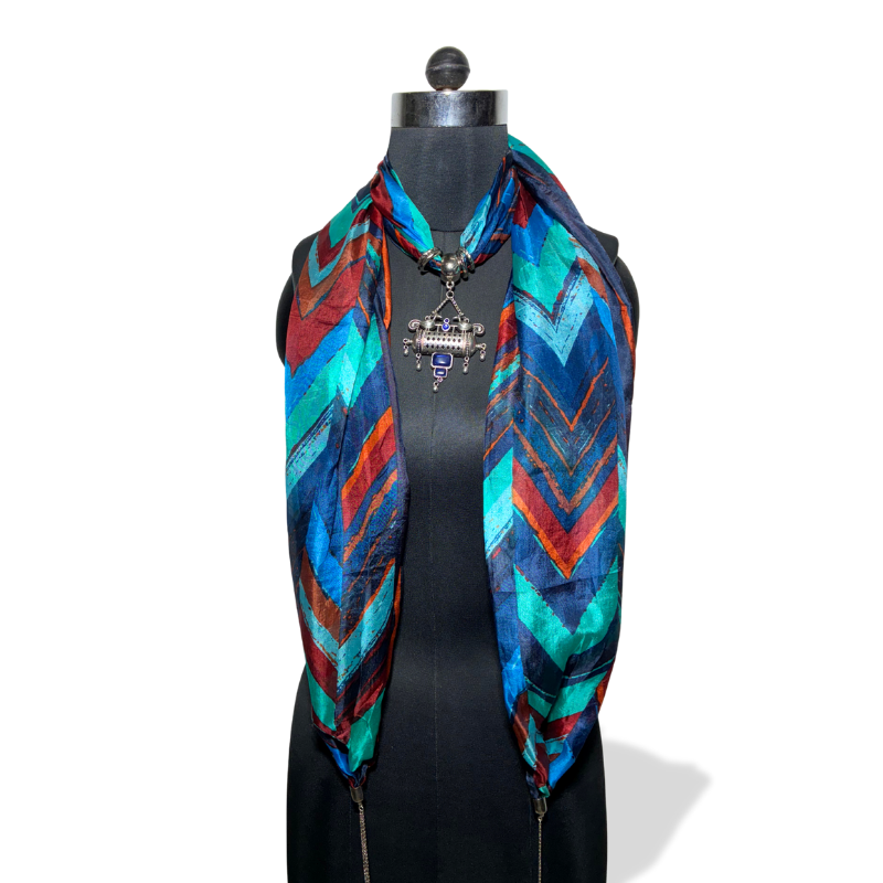 Chevron print silk stole in jewel tones with tribal pendant