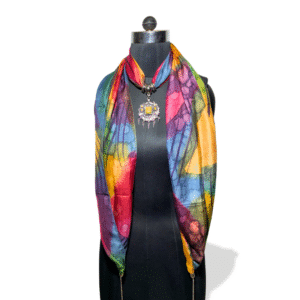 Multicolor abstract silk stole with yellow square tribal pendant