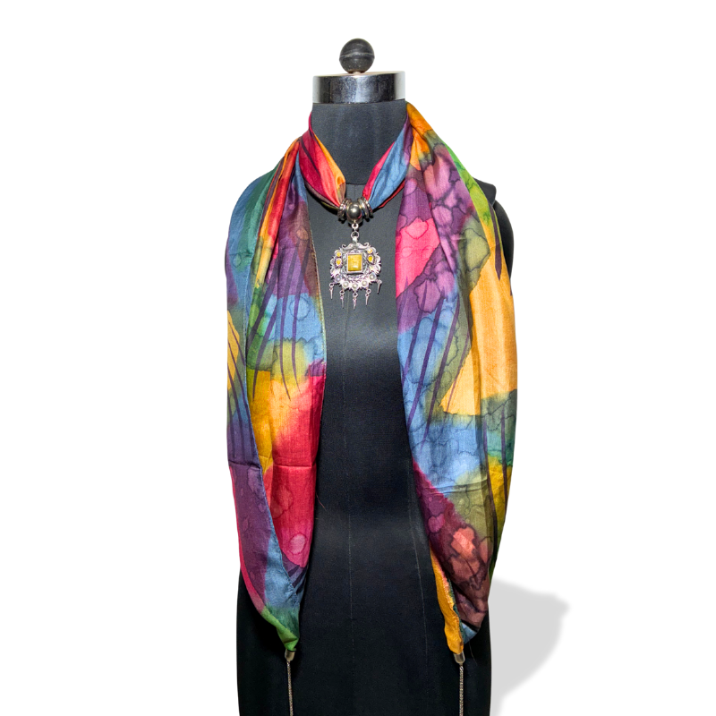 Multicolor abstract silk stole with yellow square tribal pendant