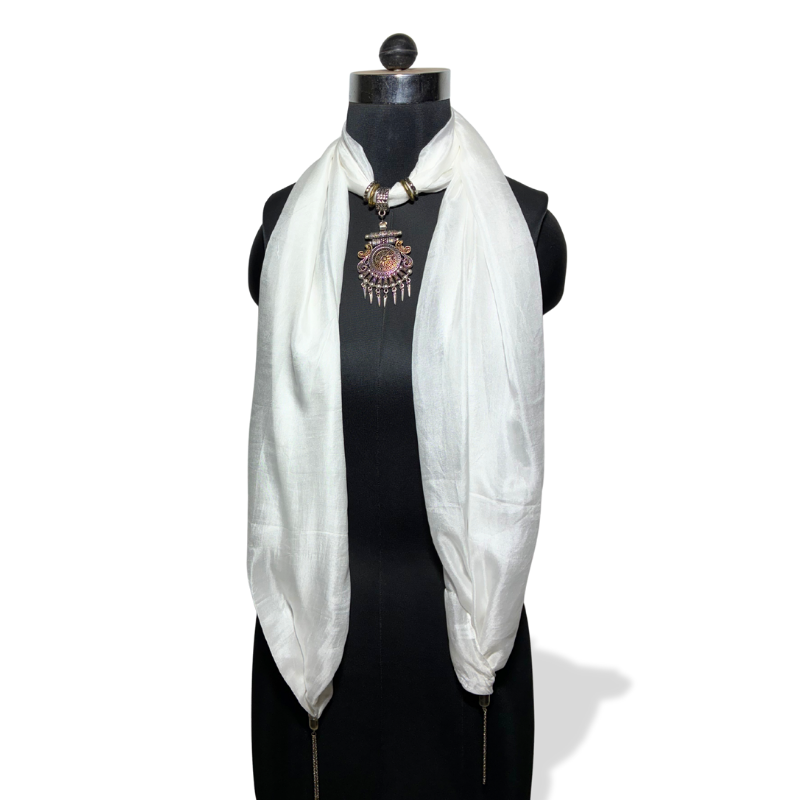 White silk stole with antique pink oval tribal pendant