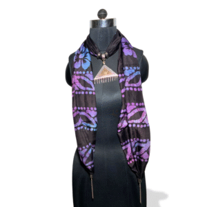 Black batik stole with purple patterns and triangle tribal pendant