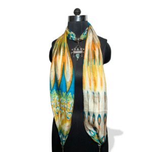 Yellow and green peacock feather print stole with tribal pendant
