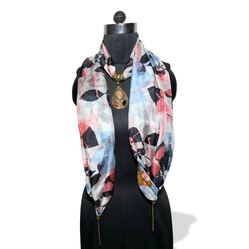 Multi-color leaf print stole with teardrop gemstone pendant