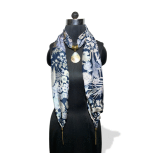 Navy blue stole with white floral pattern and natural mother of pearl pendant