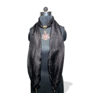 Noir Dusk – Black Silk Stole with Ornate Tribal Pendant