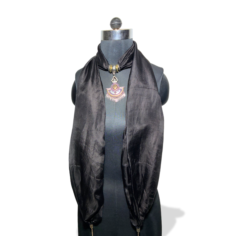 Noir Dusk – Black Silk Stole with Ornate Tribal Pendant